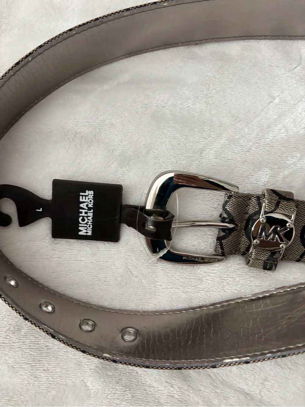 Michael Kors Beige Taupe MK Logo Belt with Silver Hardware